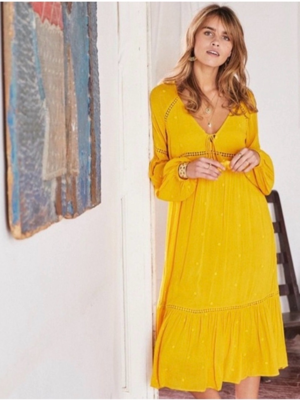 Sezane Saffron Yellow V-Neck Boho Midi Dress